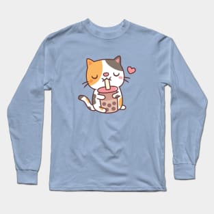 Cute Calico Cat Loves Drinking Boba Tea Long Sleeve T-Shirt